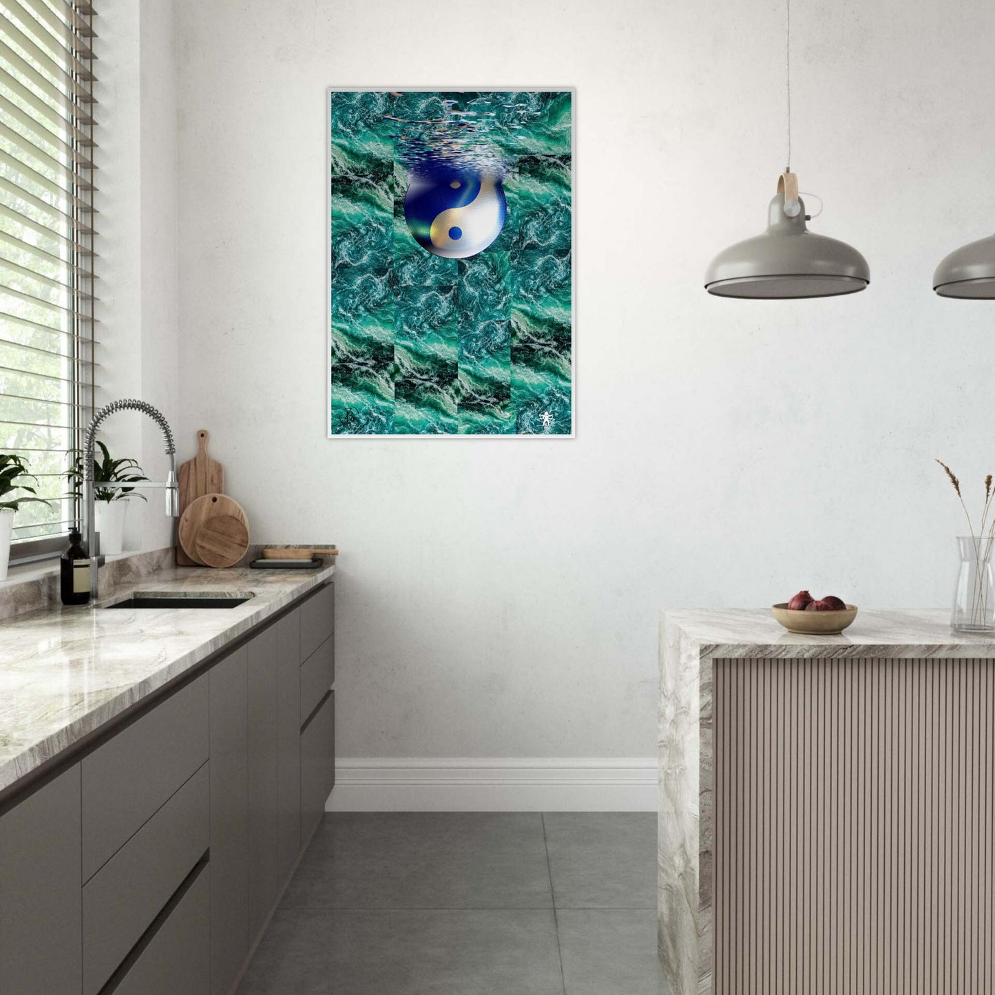Kitchen interior with a large abstract painting of a fish in water on the wall.