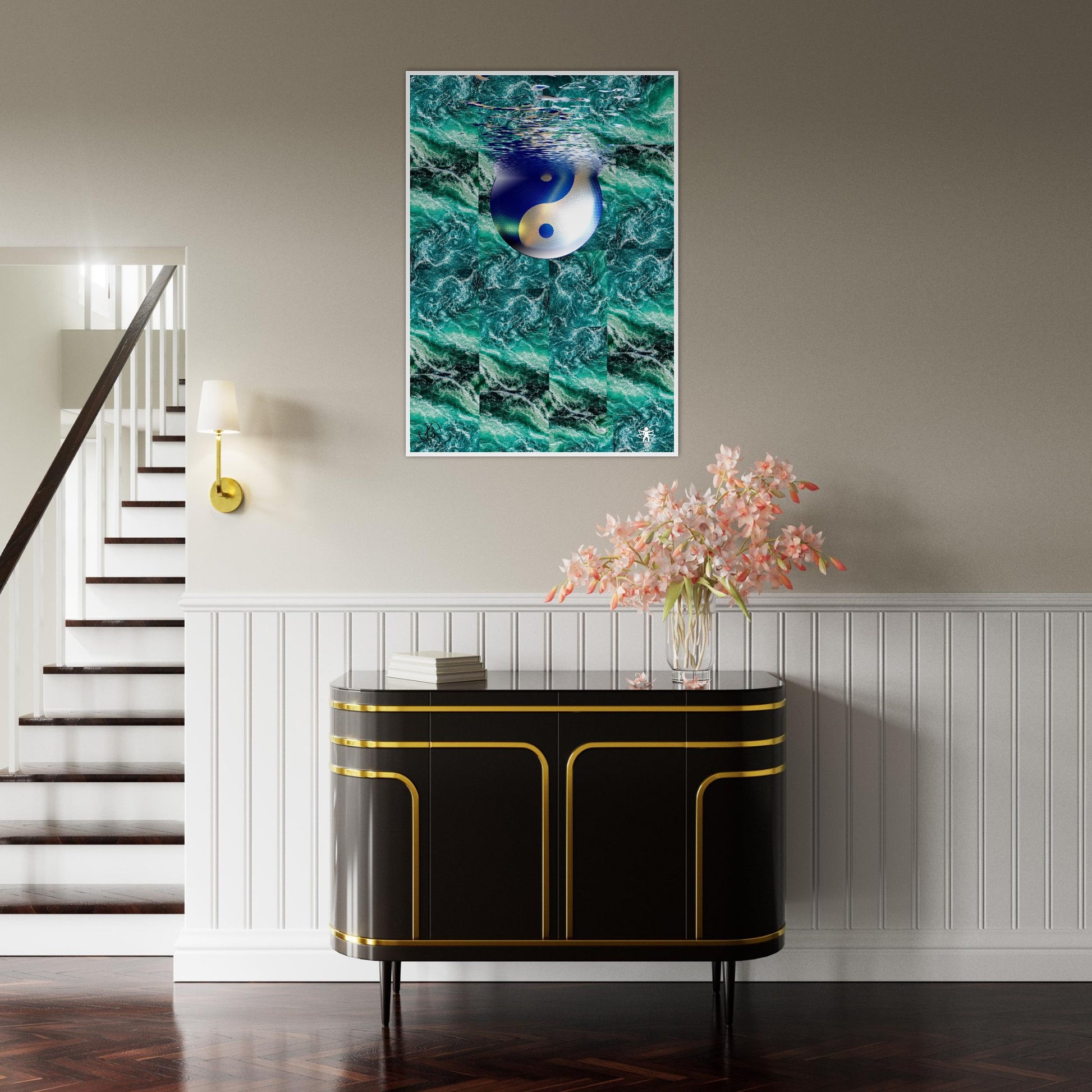 Modern interior with a black and gold cabinet, floral arrangement, and abstract art on the wall.