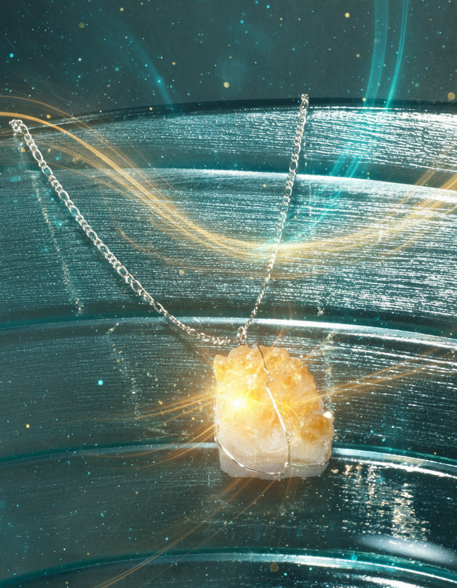 Necklace with a honeycomb-like pendant on a reflective surface