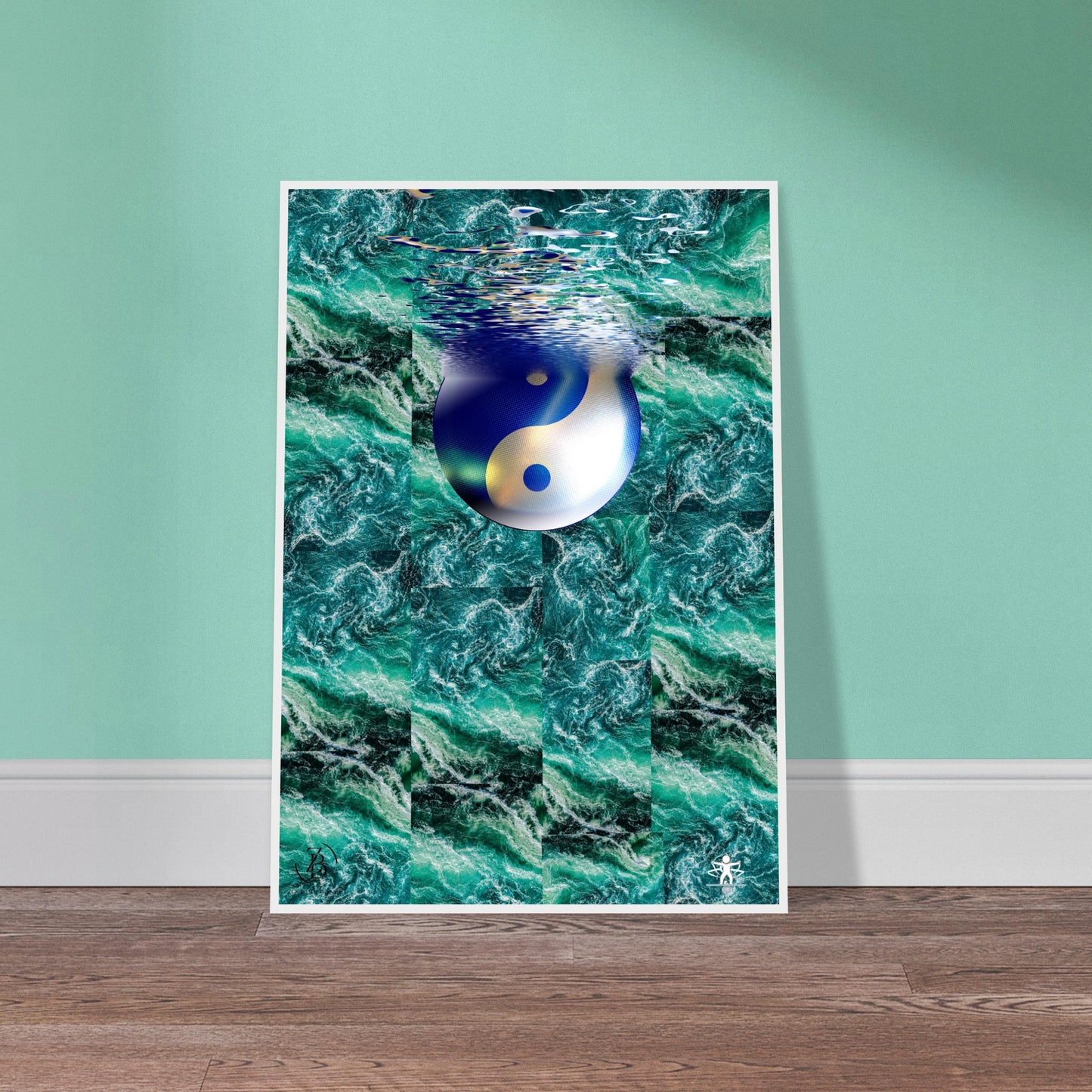 Poster of a yin yang symbol underwater with green water on a teal wall.