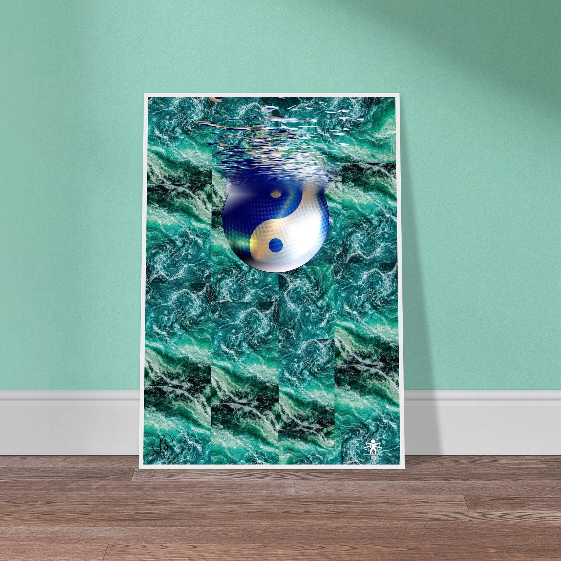 Poster of a yin yang symbol underwater with green water on a teal wall.