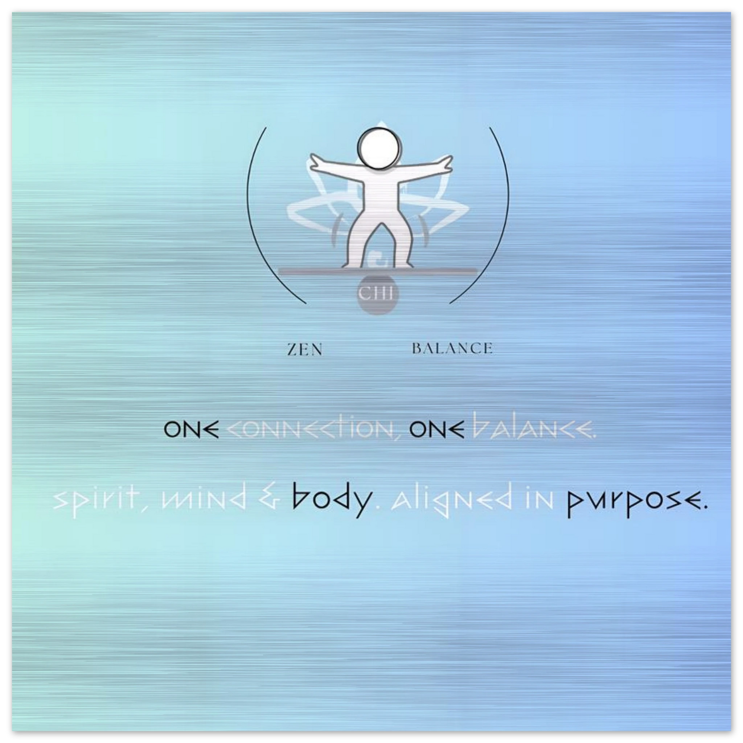 Design with a person standing on a balance beam, text 'Zen Balance', and motivational quote on a gradient blue background.