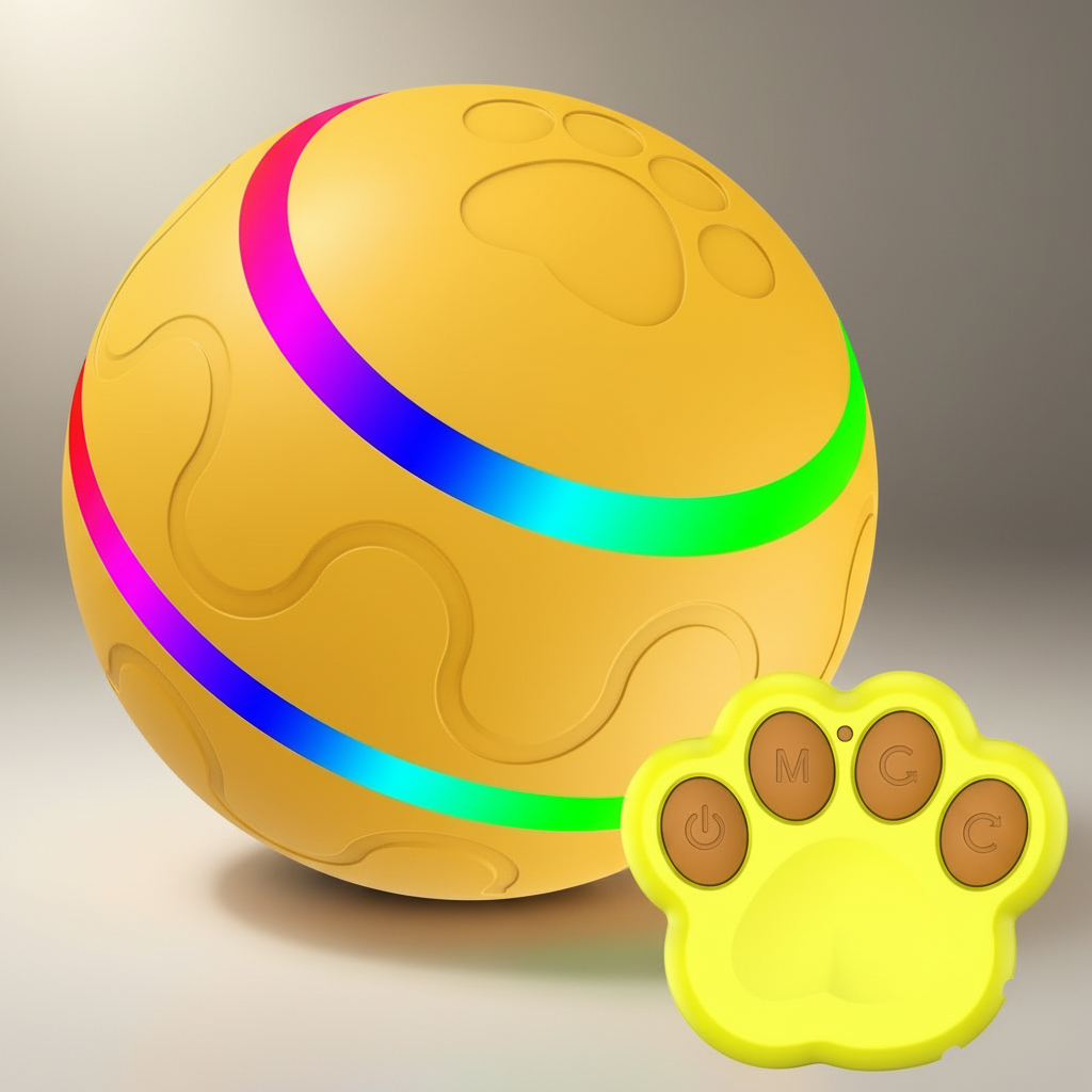 Yellow ball with colorful LED strip and paw-shaped remote control on a gray background