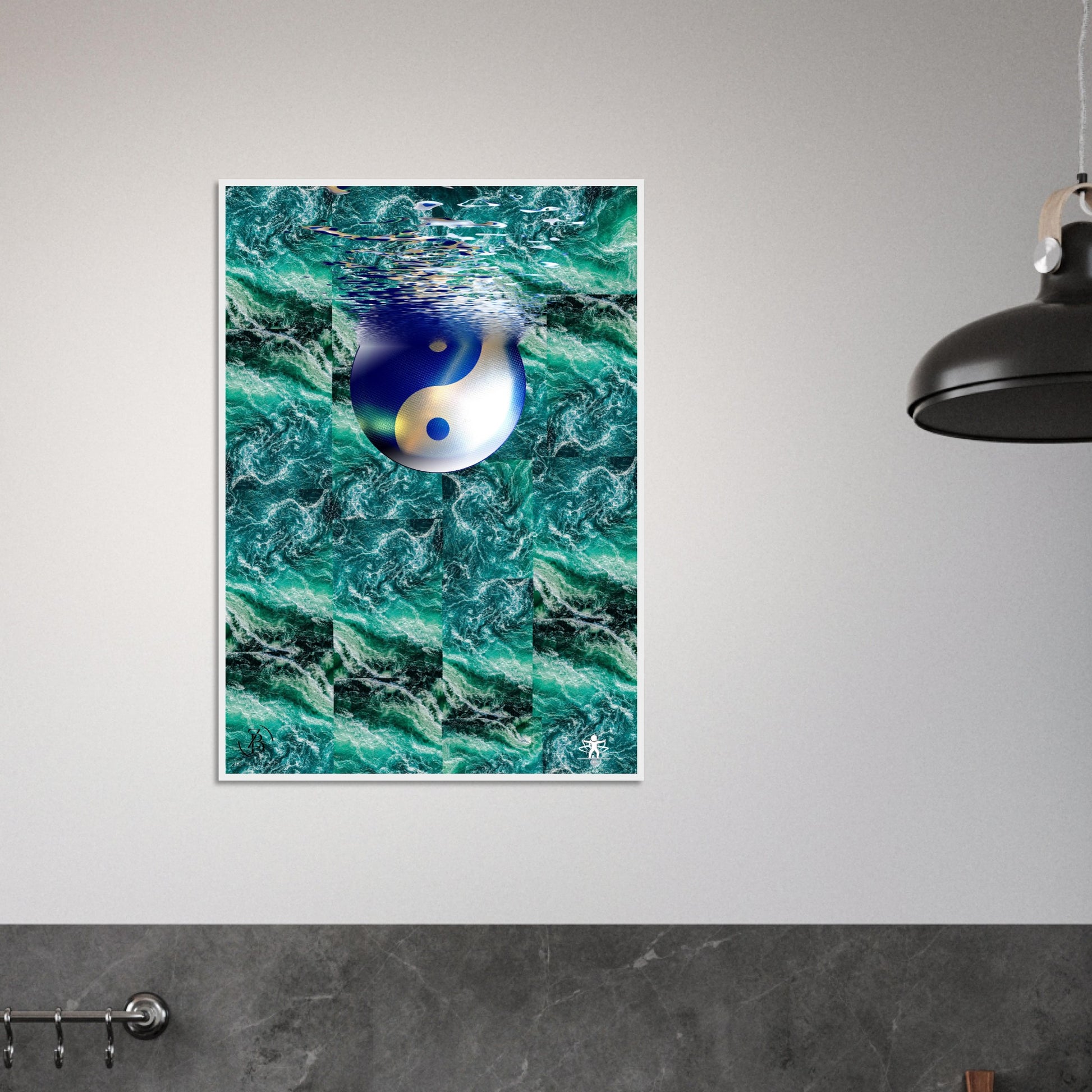 Framed artwork of a yin yang symbol underwater with green water on a gray wall.