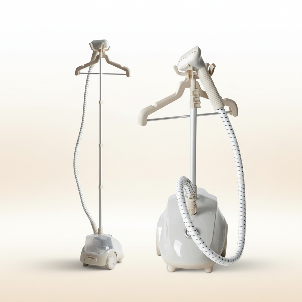 White garment steamer with hose and attachments on a light background