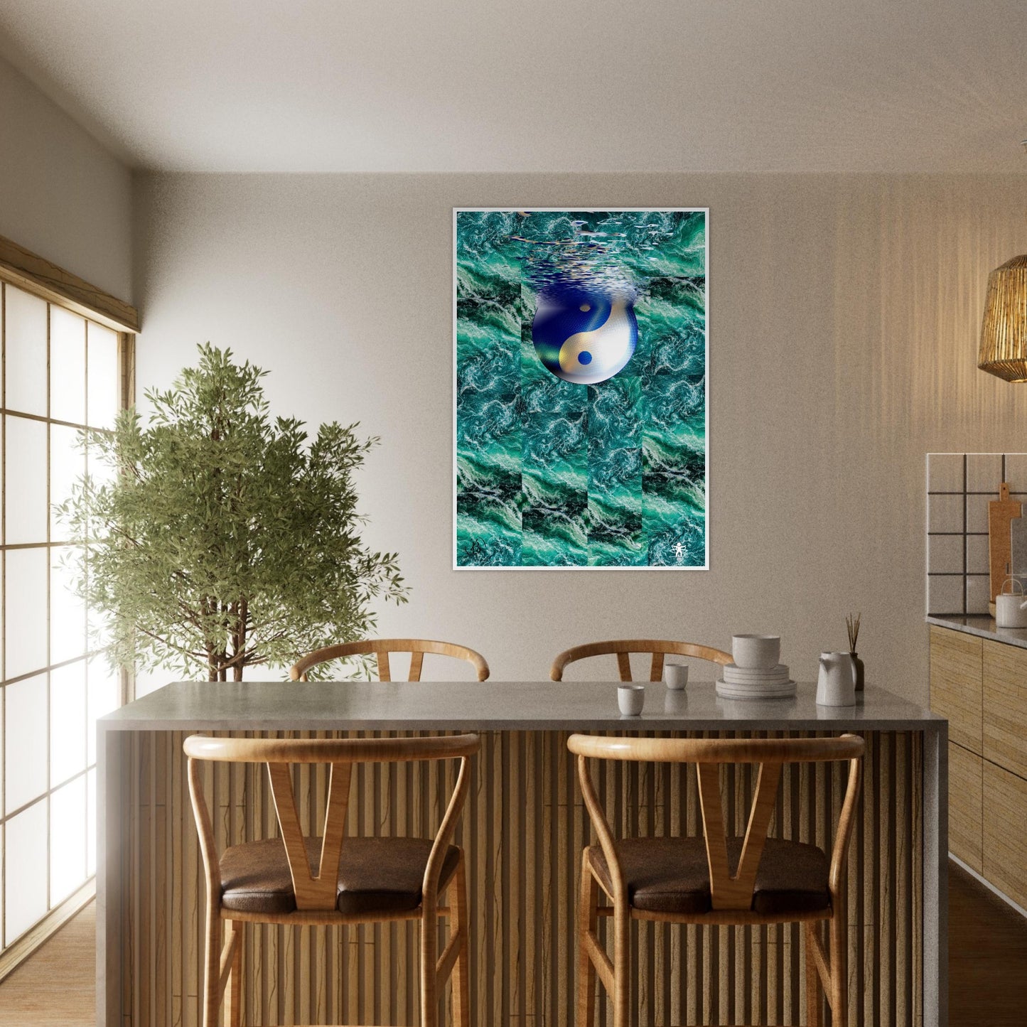 Dining room with a table and chairs, and a colorful abstract painting on the wall.