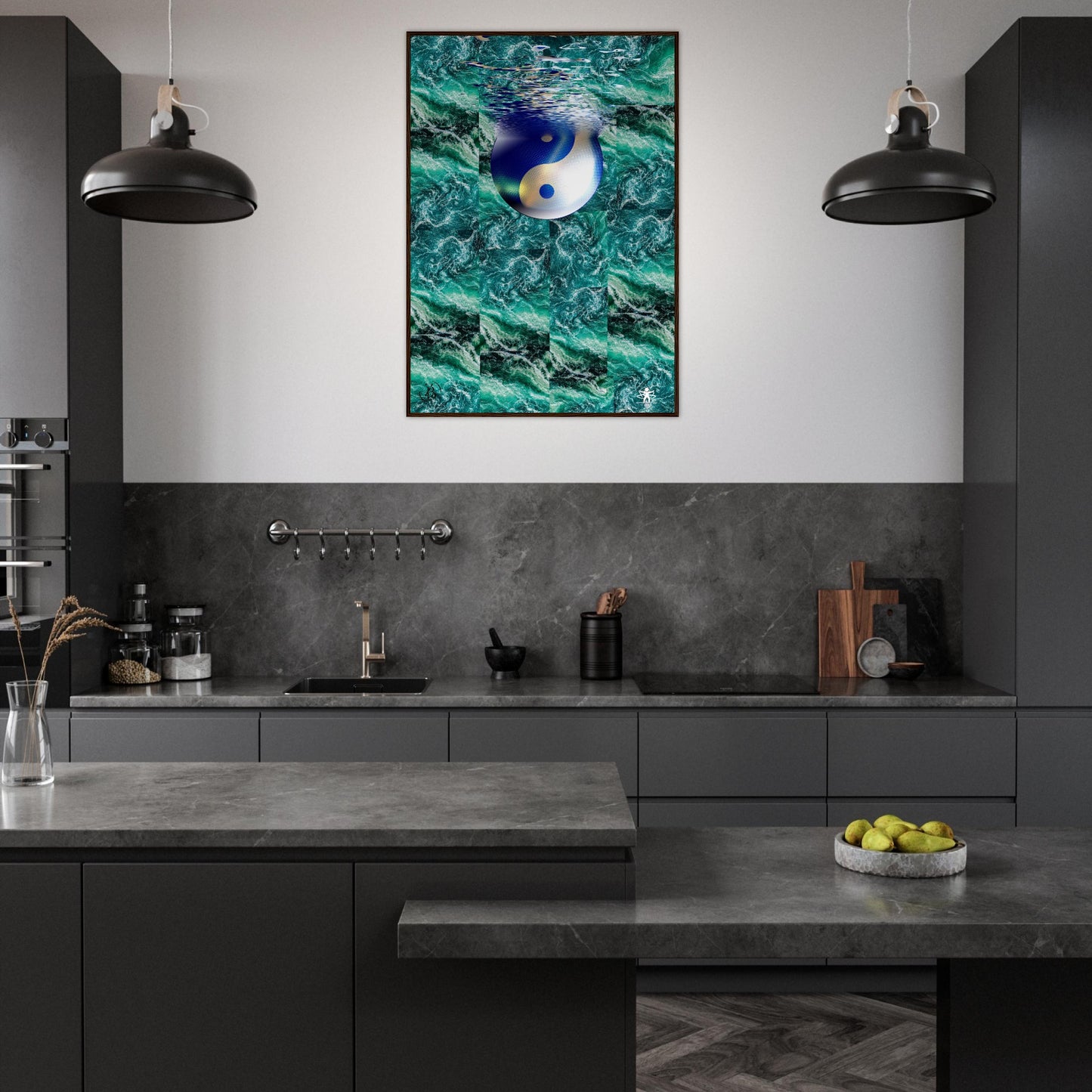 Modern kitchen with dark cabinets, gray countertops, and a decorative painting on the wall.