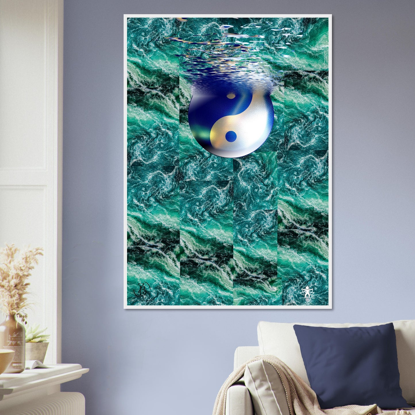 Yin and yang symbol in water design on a wall in a living room