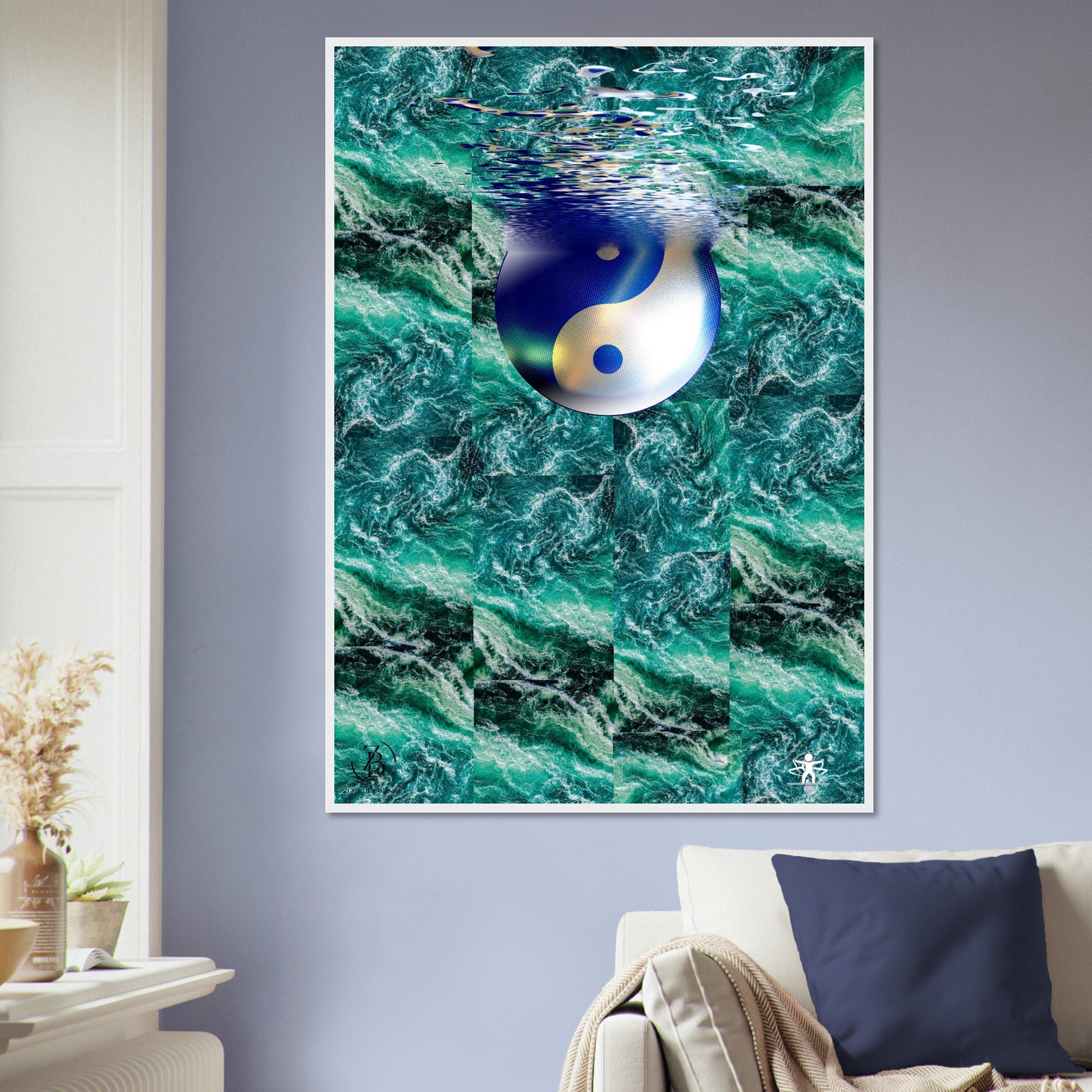 Yin and yang symbol in water design on a wall in a living room