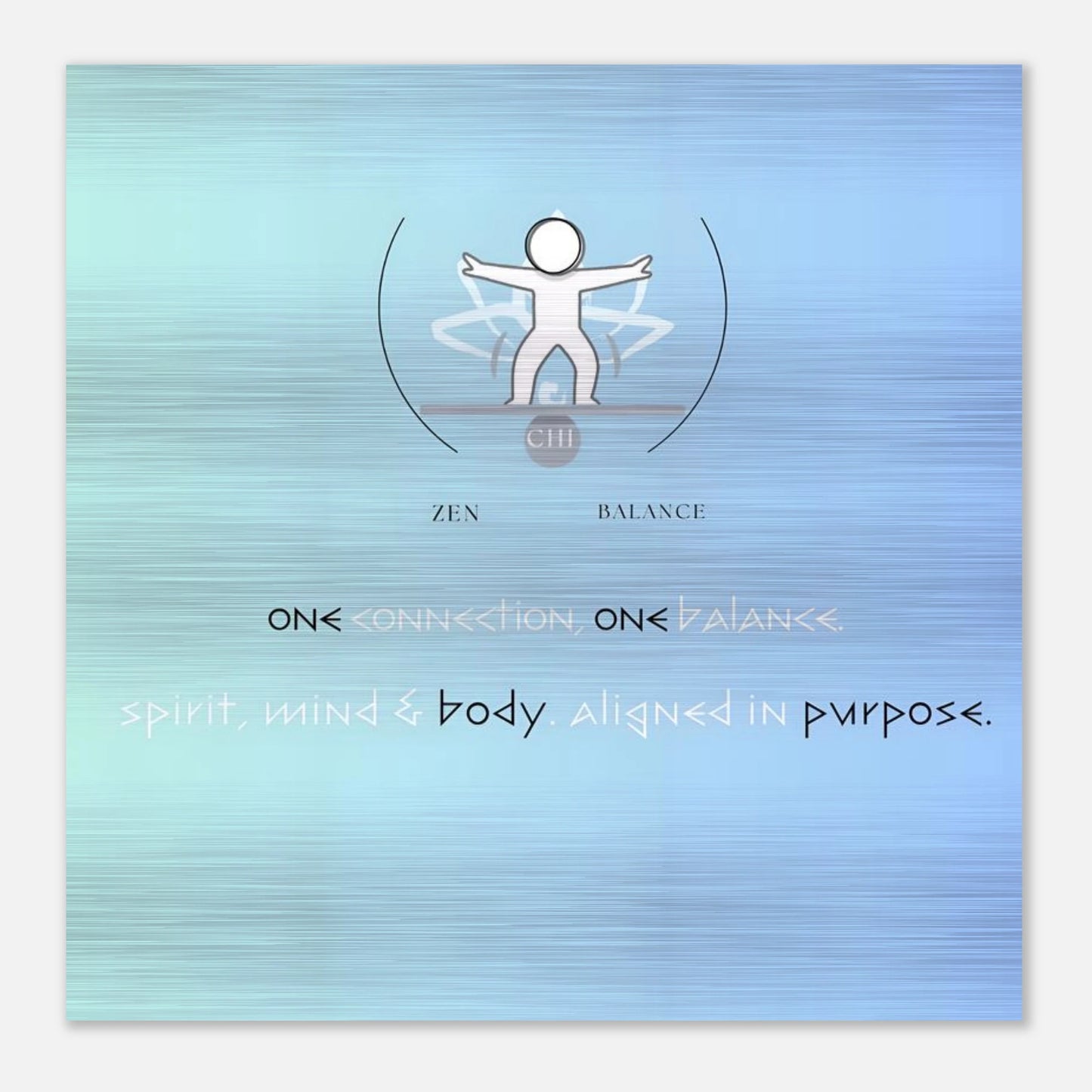 Gradient blue and green background with a central figure and text about balance and connection.