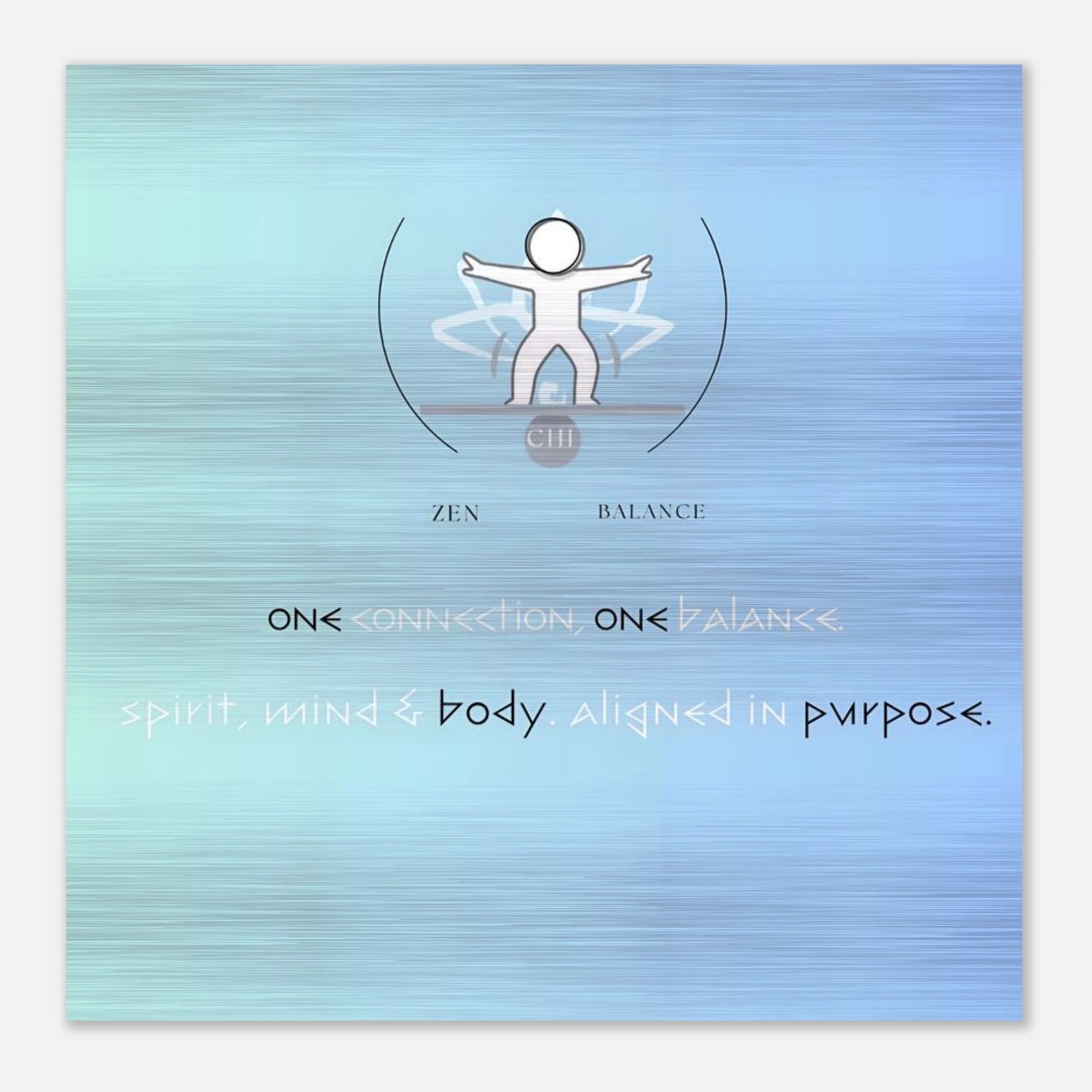 Gradient blue and green background with a central figure and text about balance and connection.