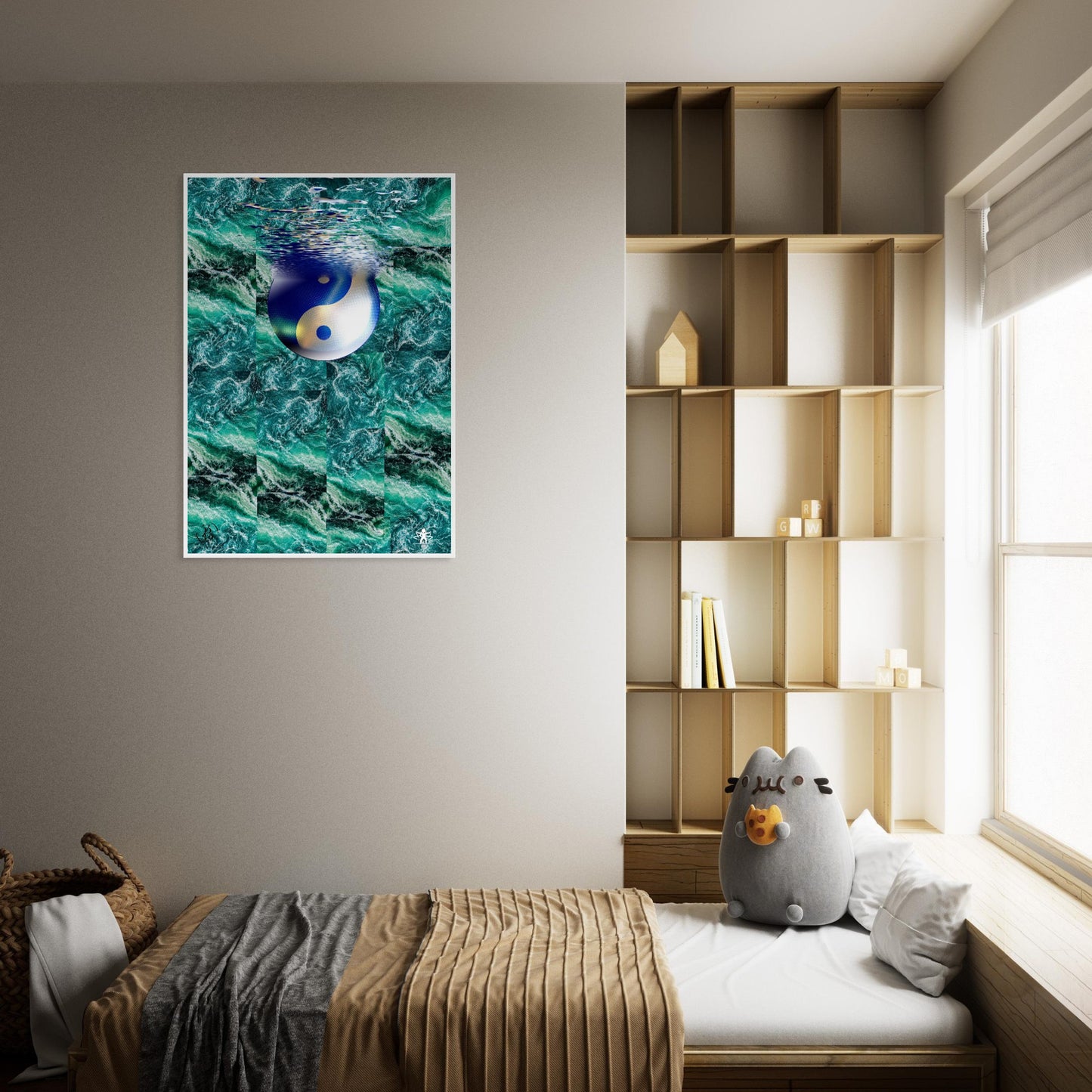 Room interior with a bed, shelf, and wall art featuring a yin yang symbol in water.