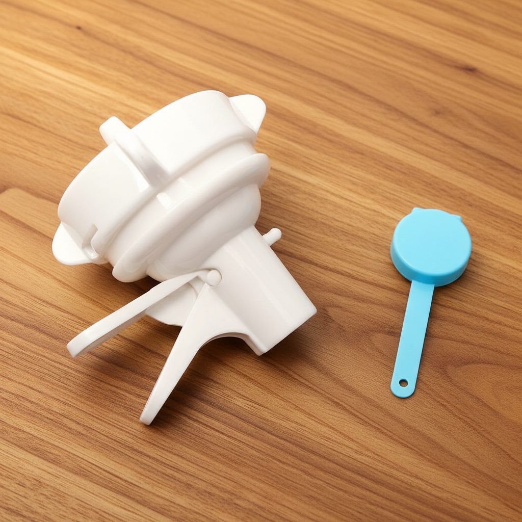 White plastic component and blue tool on a wooden surface