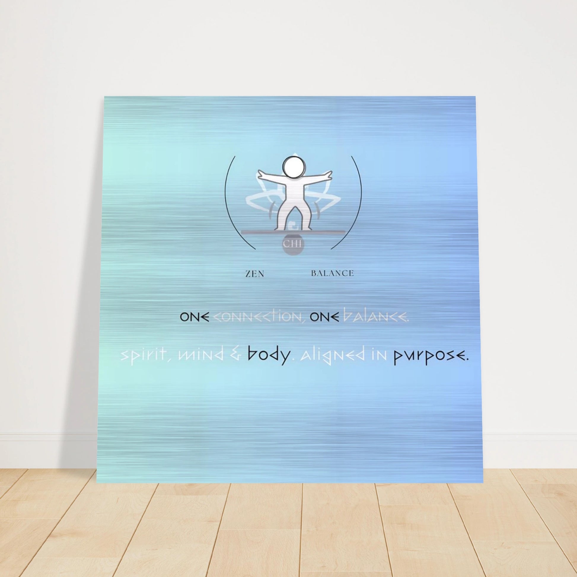 Poster with a blue gradient background and a central figure symbolizing balance and connection.