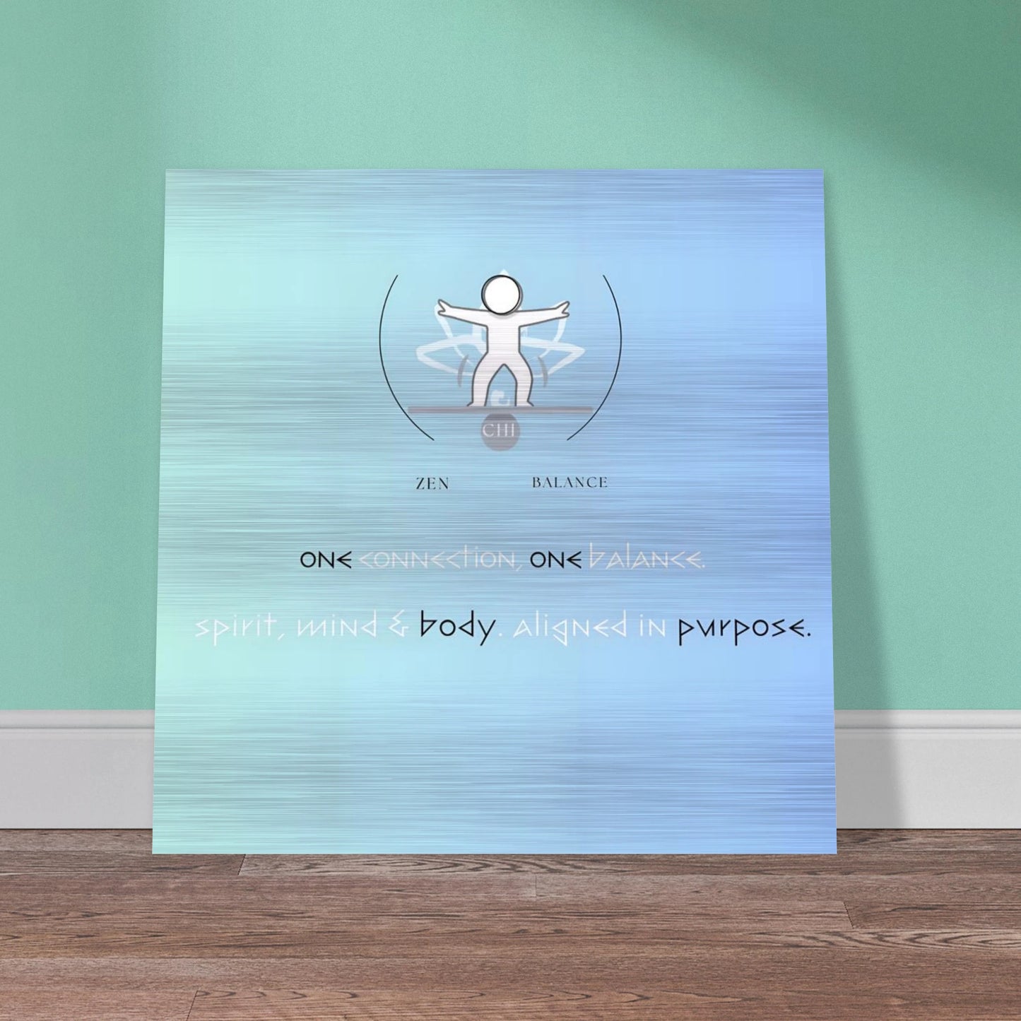 Decorative wall panel with abstract design and text on a green wall.