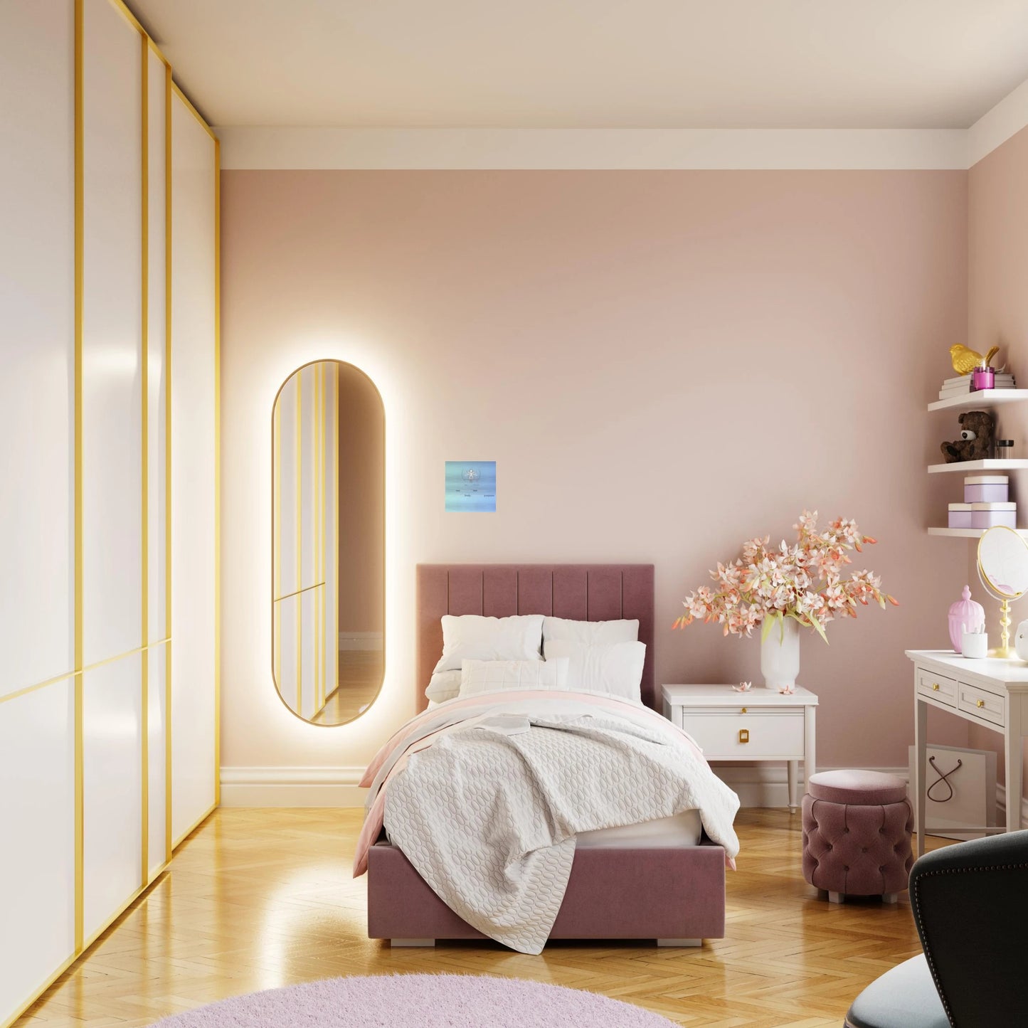 Modern bedroom with pink bed, mirror, and decor