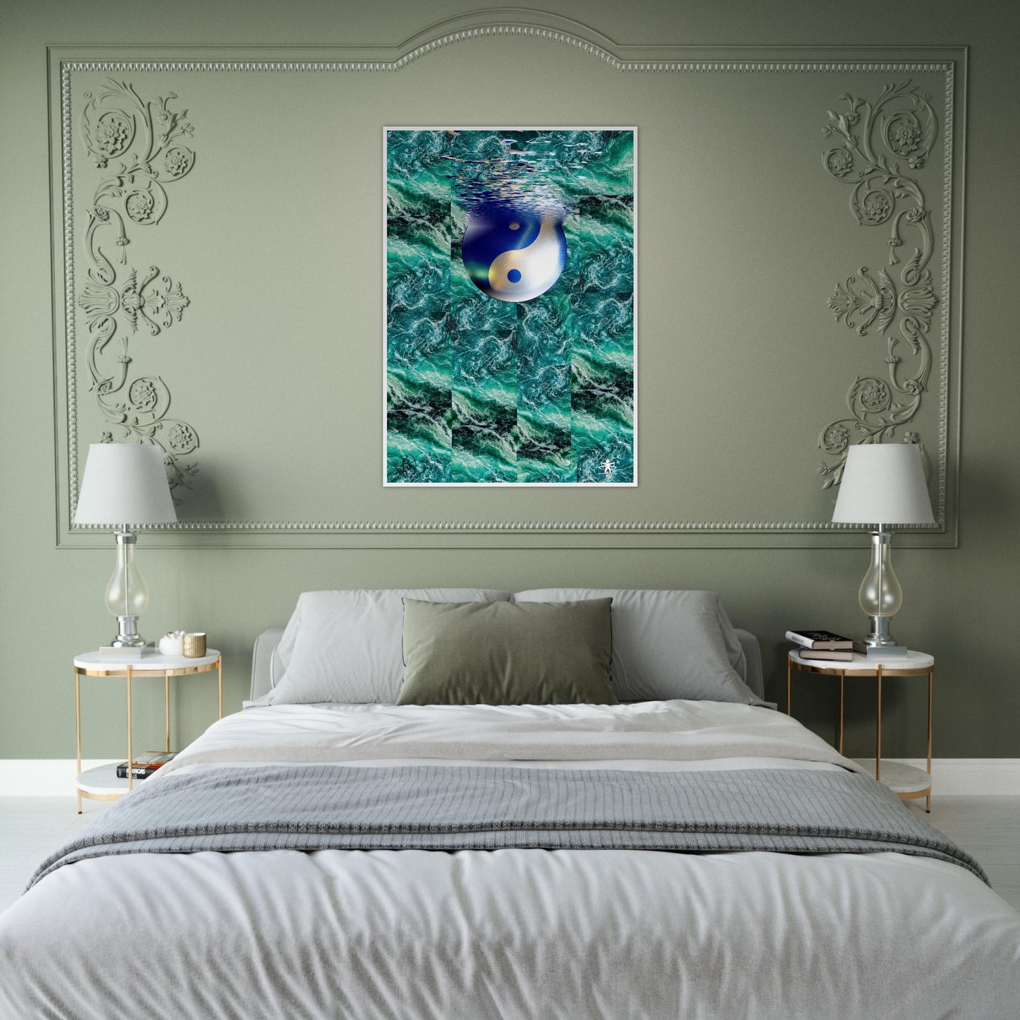 Bedroom with a decorative wall above the bed featuring a framed artwork of a fish.