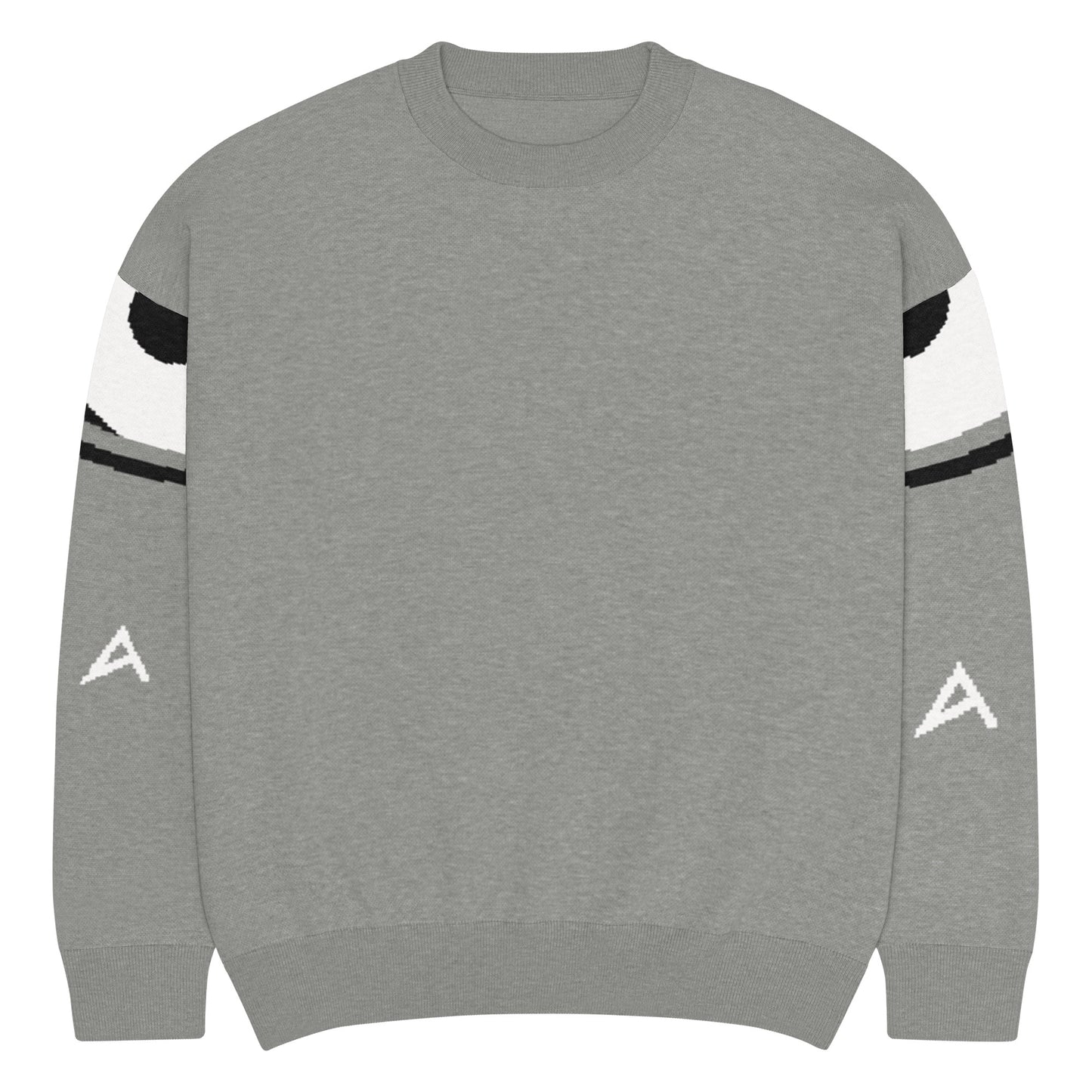 Gray sweatshirt with black and white sleeve designs on a white background