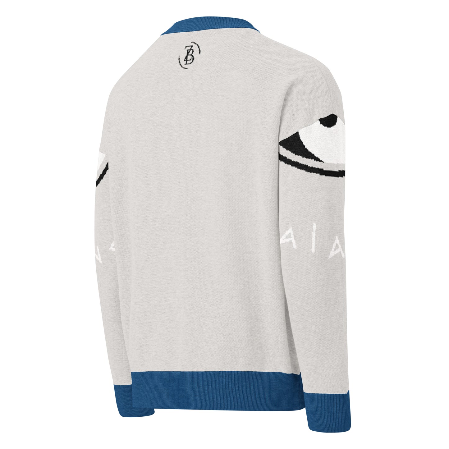Gray sweater with blue accents and branding on a white background