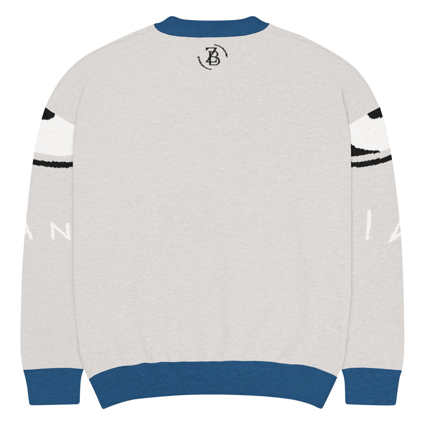 Gray sweater with blue accents and a logo on the back, displayed against a white background.
