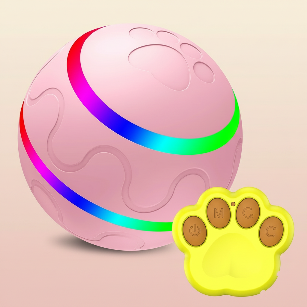 Pink ball with colorful light strip and yellow paw-shaped remote control on a beige background