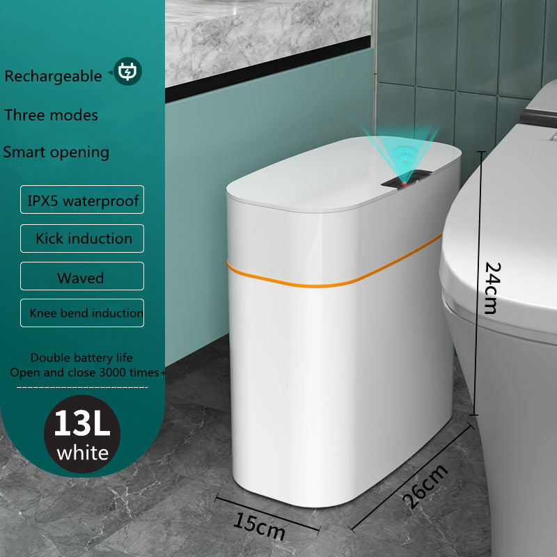 White trash bin with features listed on a teal sidebar in a bathroom setting