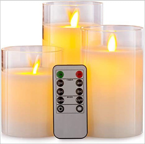 Glass-plated LED candle trio with moving flame and remote control.