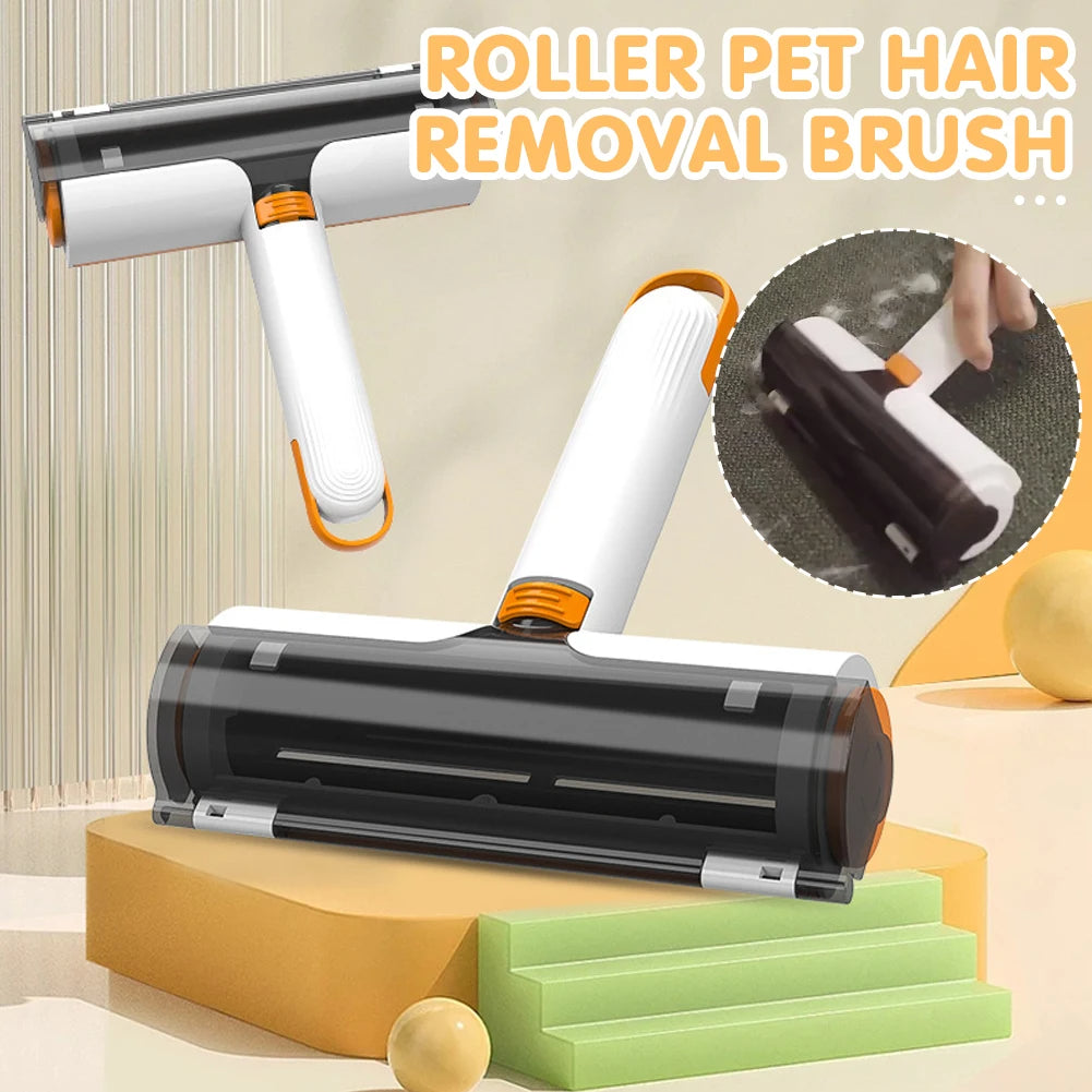 Roller pet hair removal brush with close-up of usage on a beige background