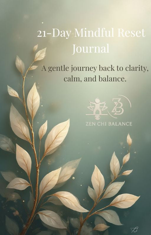 Cover of '21-Day Mindful Reset Journal' with leaf design and Zen Chi Balance logo.