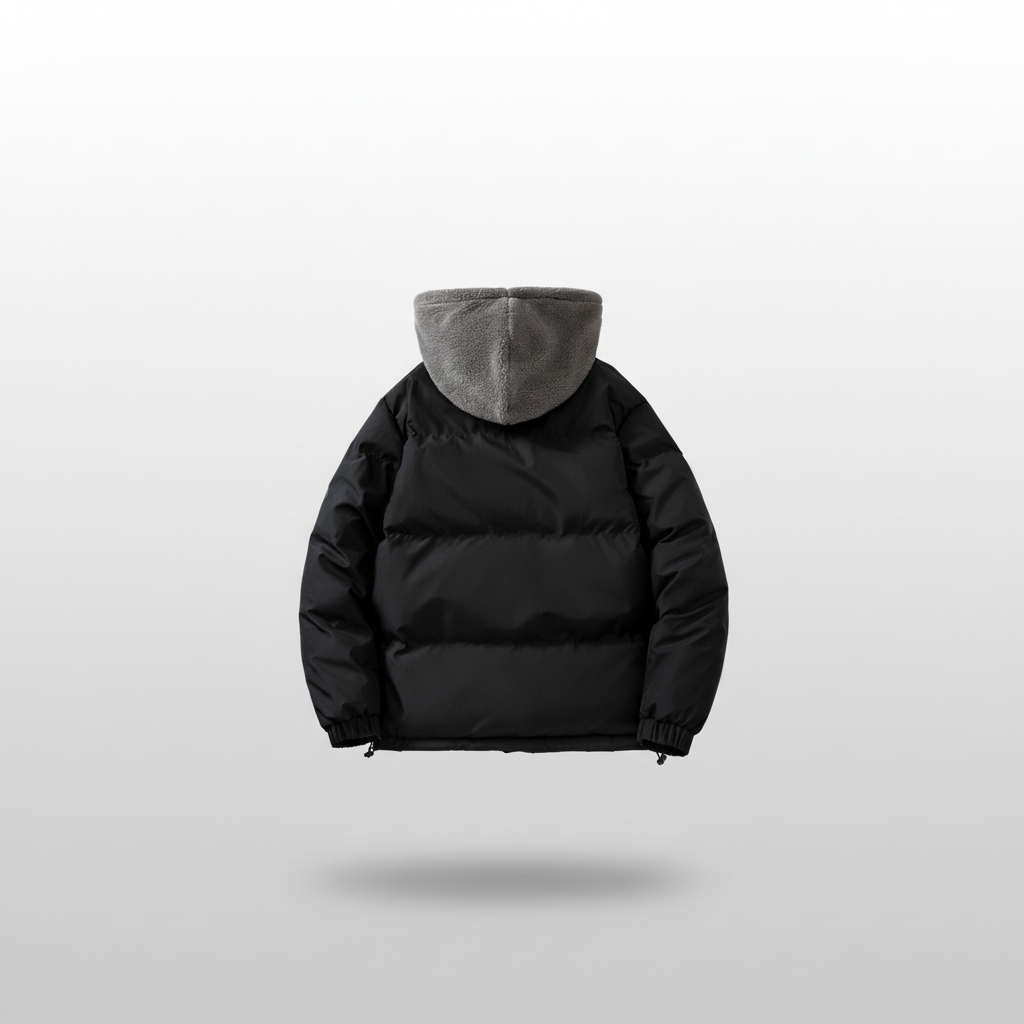 Black puffer jacket with gray hood on a light gray background