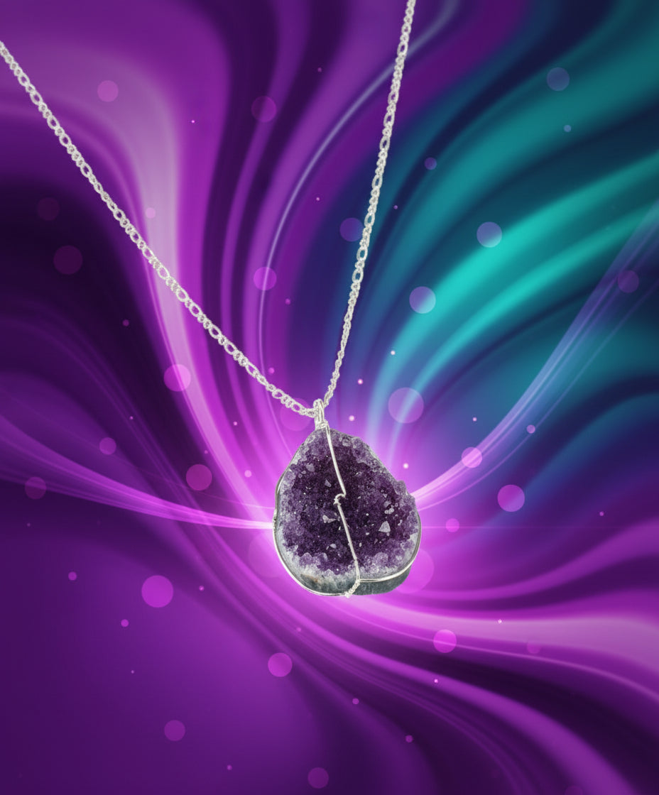 Amethyst crystal necklace on a vibrant purple and teal background
