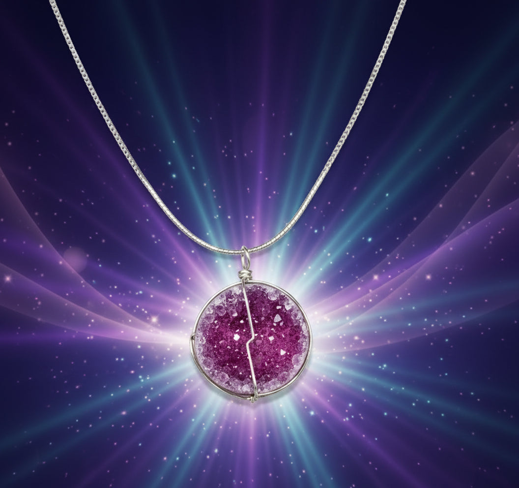 Necklace with a purple pendant against a starry space background