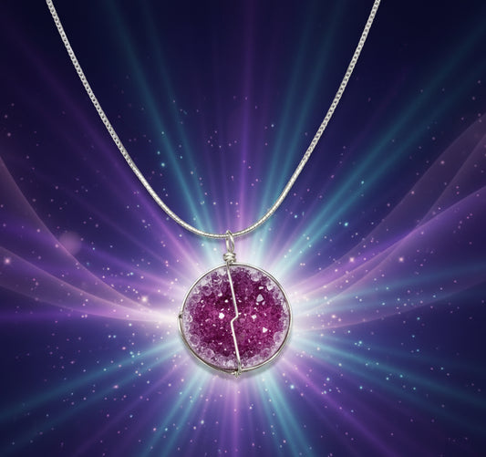 Necklace with a purple pendant against a starry space background