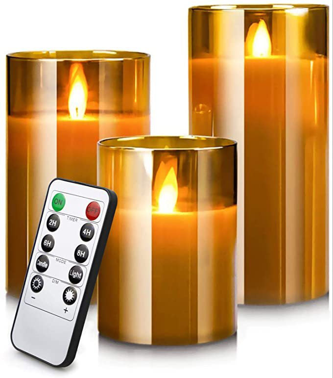 Three amber glass-plated LED candles with moving flame and remote control.