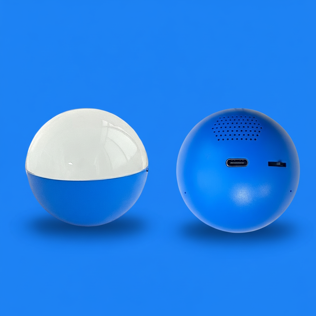 Two spherical devices, one white and blue, the other clear with buttons, on a blue background.