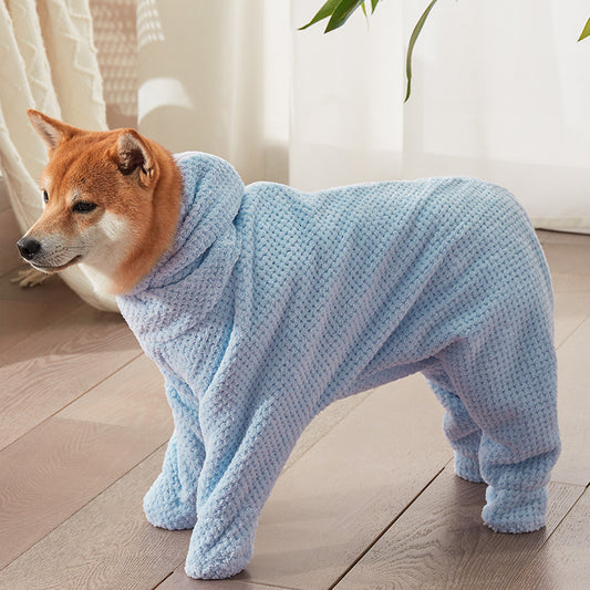 Dog wearing a blue knitted onesie standing on a wooden floor.