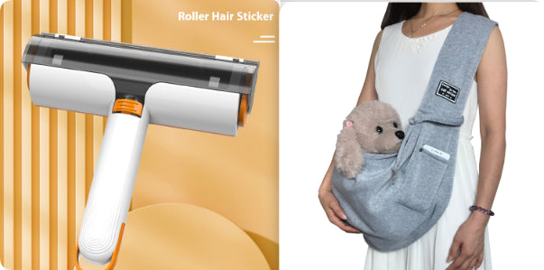 Roller hair sticker on a yellow background with a person holding a gray pet sling with a teddy bear.