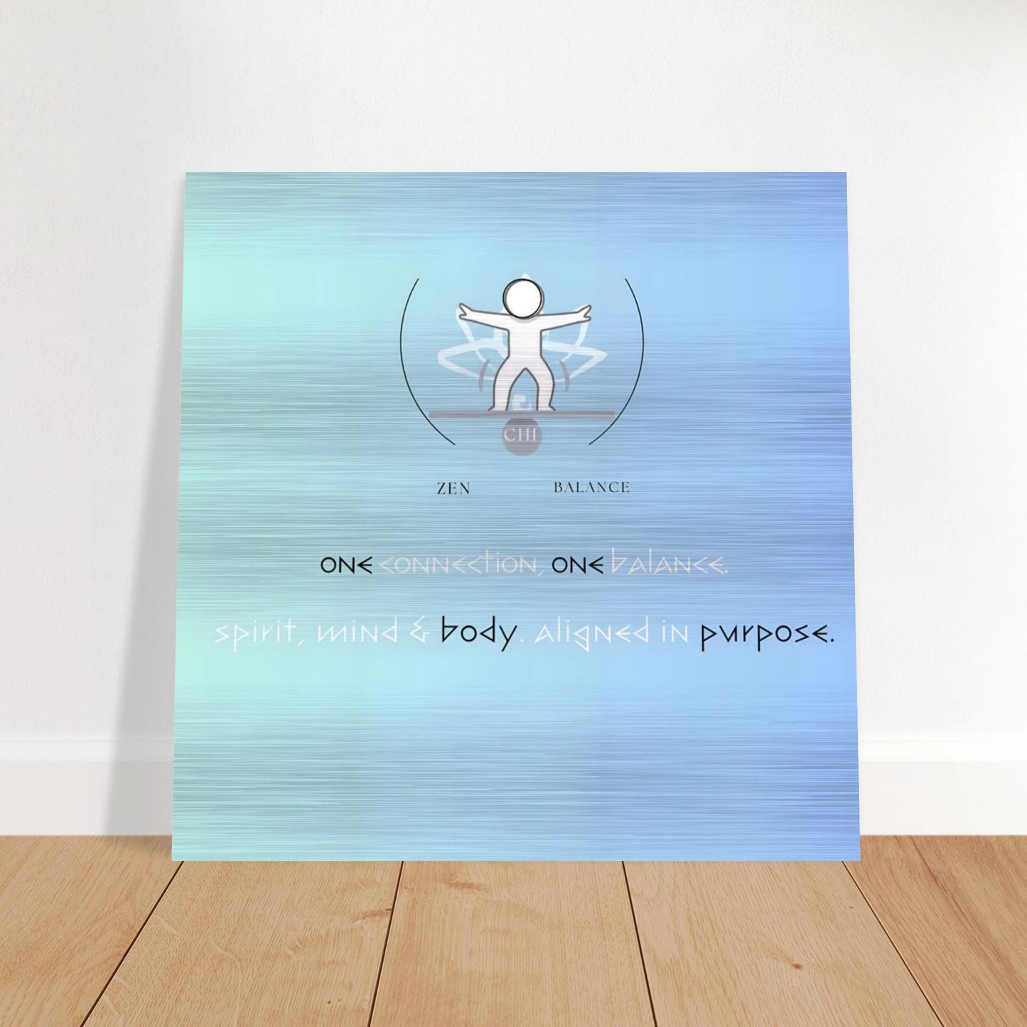 Poster with a blue gradient background and a central figure symbolizing balance and connection.