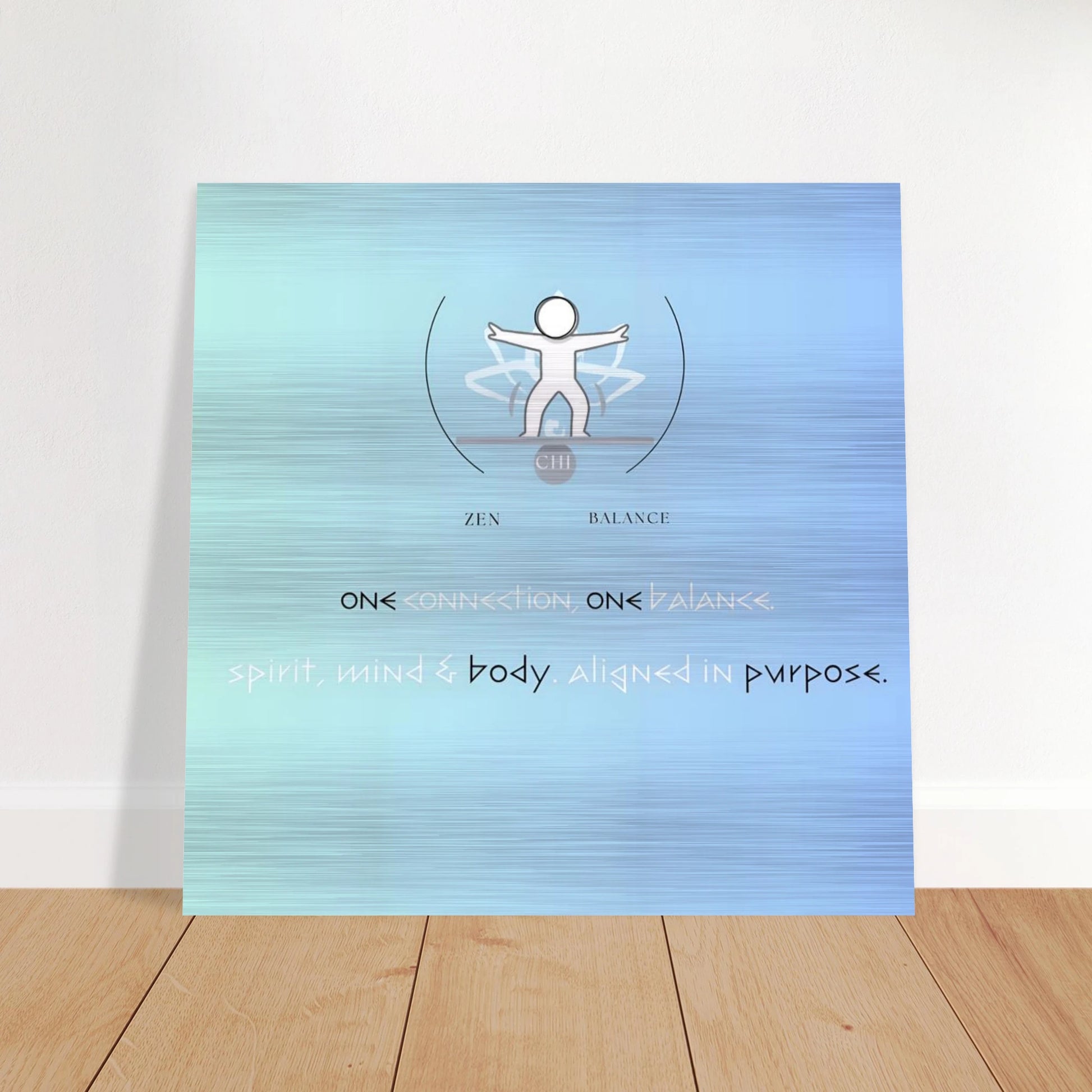 Poster with a blue gradient background and a central figure symbolizing balance and connection.