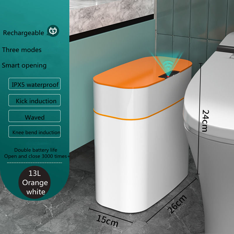 White and orange trash can with features listed on a green panel in a bathroom setting