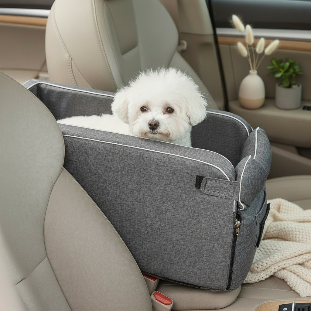 White dog in a gray pet car seat inside a vehicle