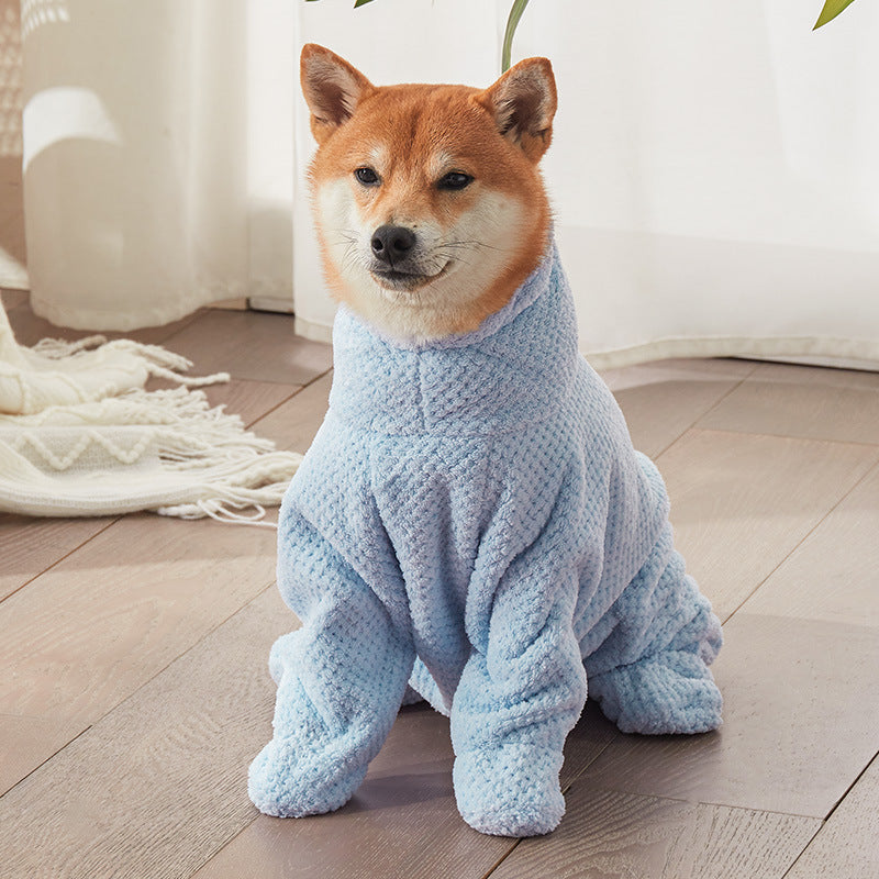 Dog wearing a blue onesie sitting on a wooden floor.