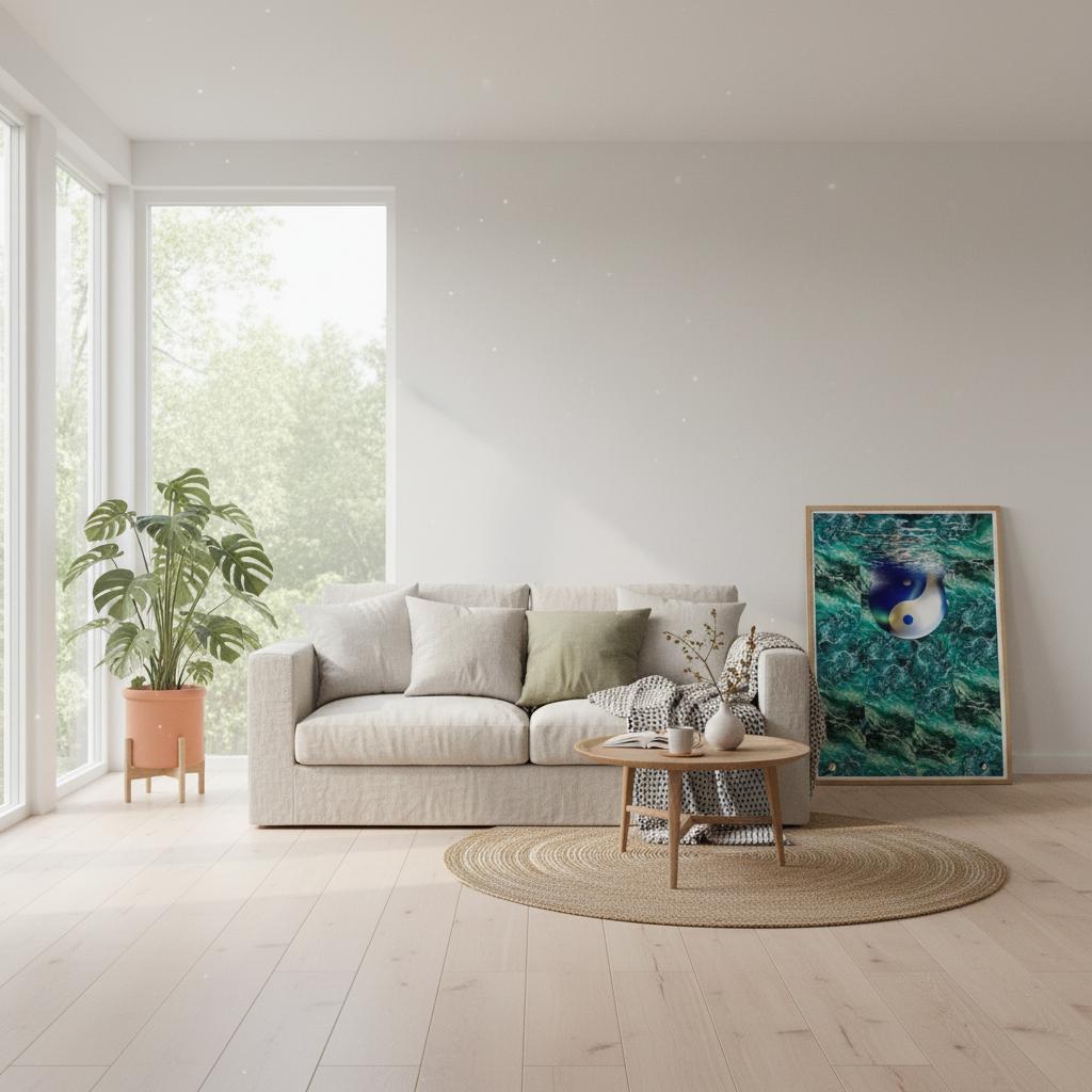 Modern living room with a beige sofa, round coffee table, and a large abstract painting on the wall.