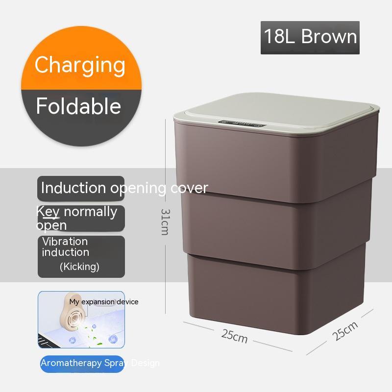 Brown trash bin with charging, foldable, induction opening cover features on a gray background.