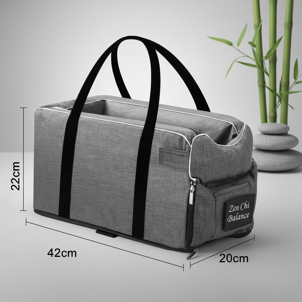 Gray duffel bag with black straps and dimensions on a light gray background