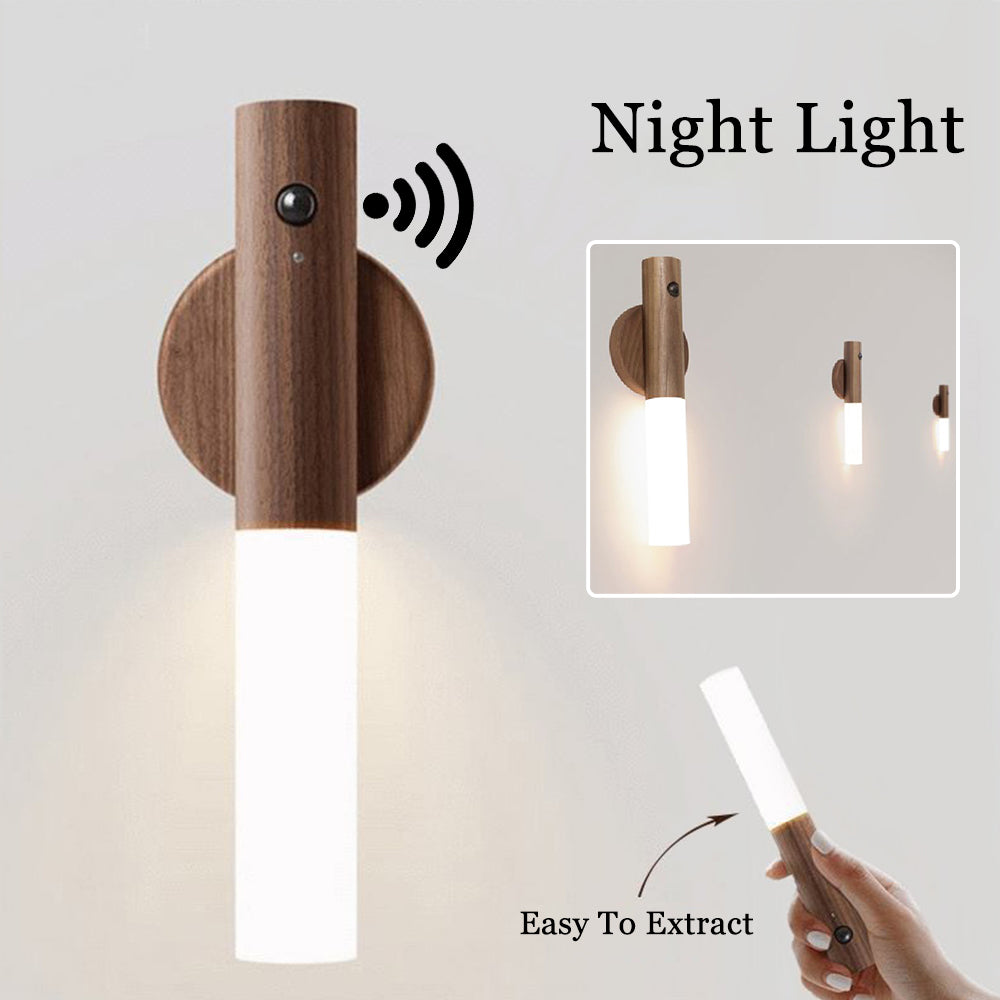 Wooden night light with a remote control on a gray background