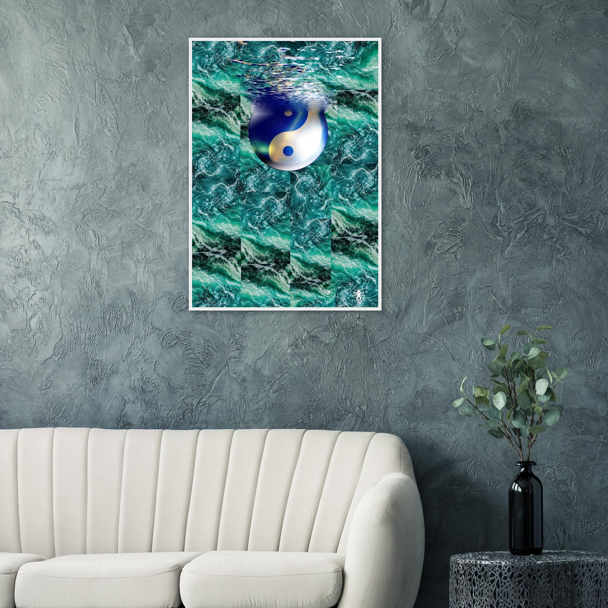 Framed artwork of a blue and white abstract design on a textured gray wall above a white sofa.