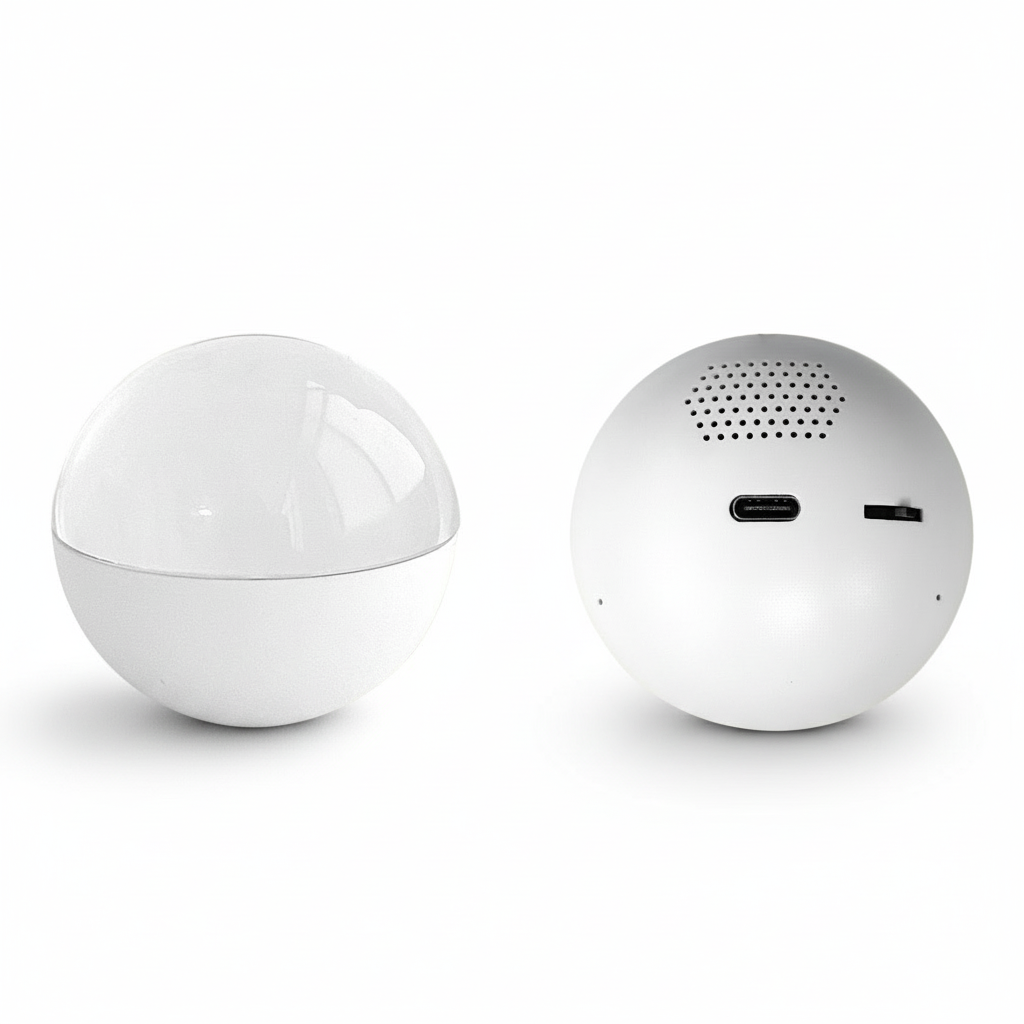 Two white spherical speakers on a white background