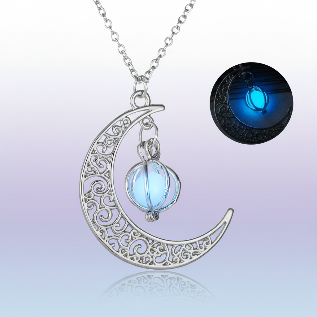 Crescent moon necklace with glowing pendant on a light purple background