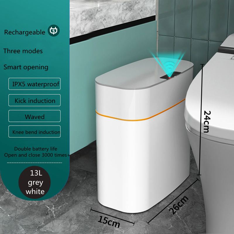 White trash bin with features listed on a teal sidebar in a bathroom setting